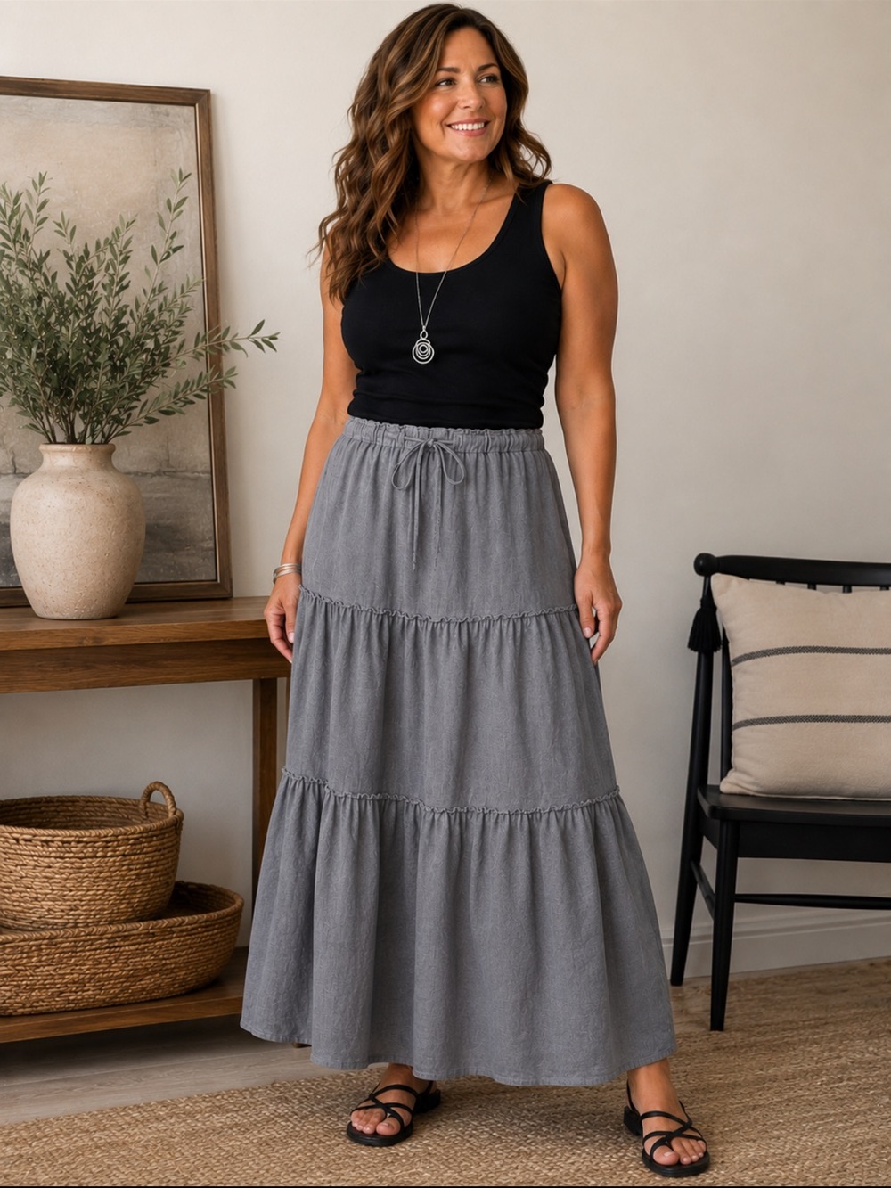 Cut, loose linen maxi skirt tiered , gray draw string long prairie